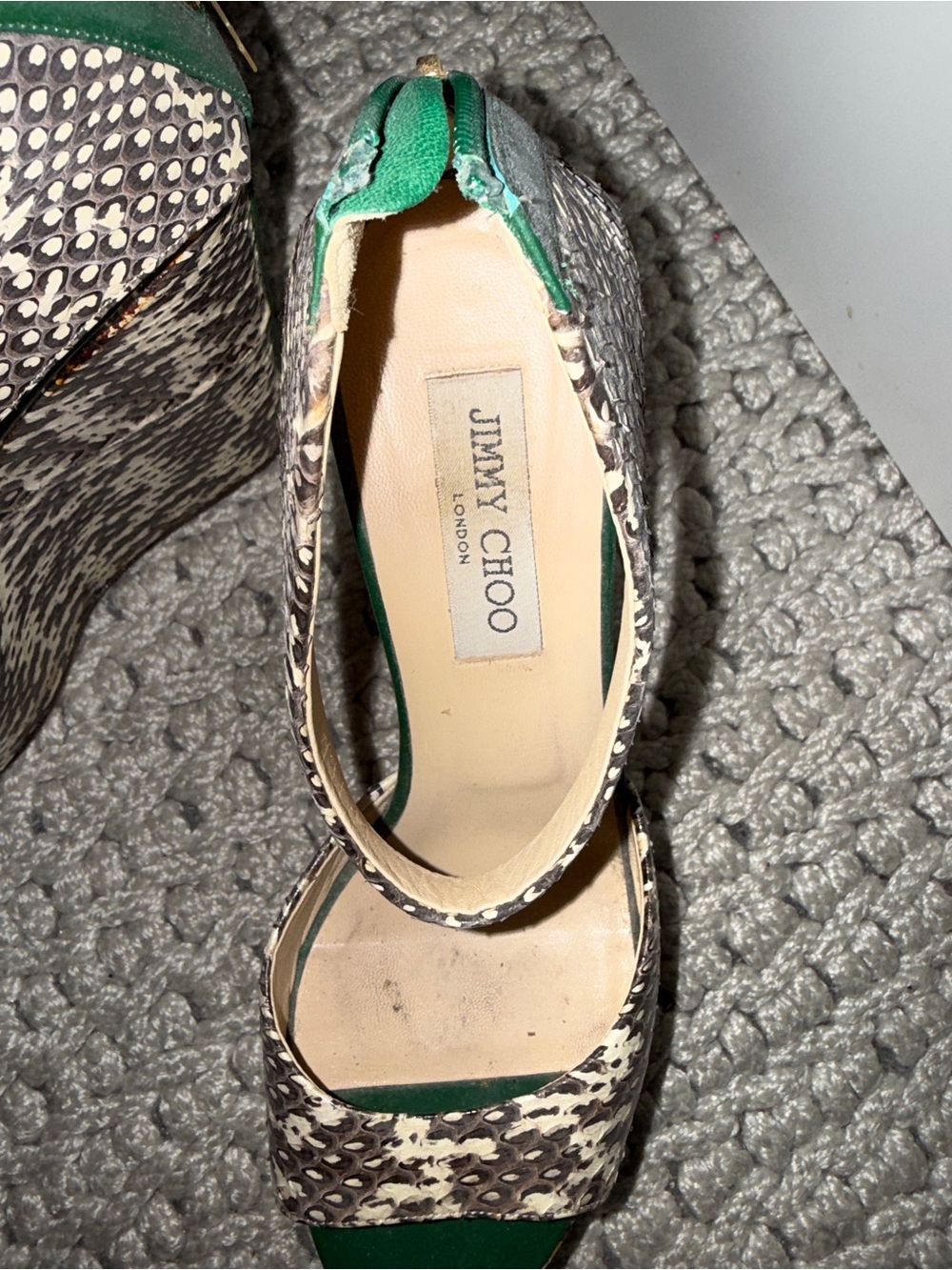 Jimmy Choo Tri Color Snakeskin and Patent Leather Wedge Sandals - Picture 4 of 5